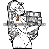 Black Woman Stacks Money Holding Black And White Color BW Design Element Wearing Sunglass And Cap Vector Sexy Woman White Background SVG JPG PNG Vector Clipart Cricut Cutting Files