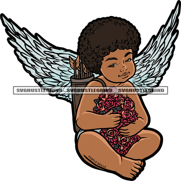 Baby Angle Sitting Design Element Holding Rose Flower Vector Angle With Wings White Background SVG JPG PNG Vector Clipart Cricut Cutting Files