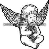 Baby Angle Sitting Design Element Holding Rose Flower Black And White Color BW Vector Angle With Wings White Background SVG JPG PNG Vector Clipart Cricut Cutting Files