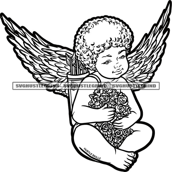 Baby Angle Sitting Design Element Holding Rose Flower Black And White Color BW Vector Angle With Wings White Background SVG JPG PNG Vector Clipart Cricut Cutting Files