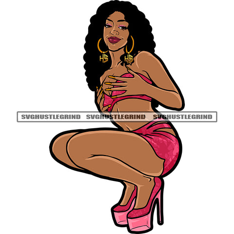 Melanin Curly Hair Woman Sitting Sexy  Pose Design Element Afro Woman Smile Face White Background Vector SVG JPG PNG Vector Clipart Cricut Cutting Files