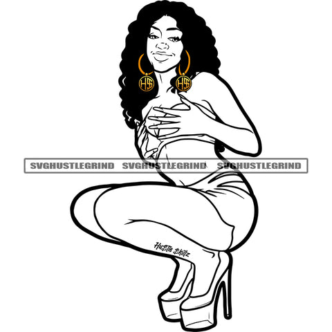Melanin Sexy Woman Sitting On Money Color Design Element Bad Ass Black And White Color BW Curly Hair Woman Sexy Pose Vector SVG JPG PNG Vector Clipart Cricut Cutting Files
