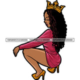 Melanin Woman Sitting Sexy Pose Curly Hair Woman Wearing Crown Design Element White Background Woman High Hill Vector SVG JPG PNG Vector Clipart Cricut Cutting Files