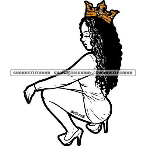 Melanin Woman Sitting Sexy Pose Curly Hair Woman Wearing Crown On Head Design Element Black And White Color BW Woman High Hill Vector SVG JPG PNG Vector Clipart Cricut Cutting Files