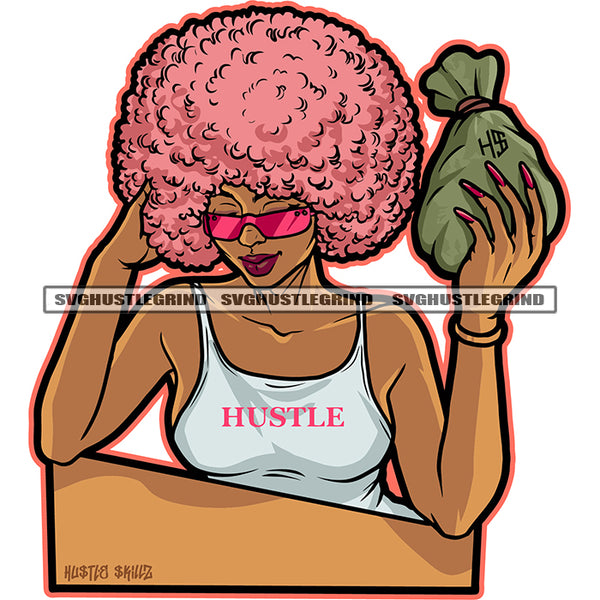 Melanin Woman Holding Money Bag Design Element Afro Color Hairstyle Woman Wearing Sunglass Vector SVG JPG PNG Vector Clipart Cricut Cutting Files