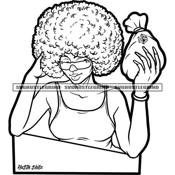 Melanin Woman Holding Money Bag Design Element Afro Hairstyle Woman Wearing Sunglass Black And White Color BW Vector SVG JPG PNG Vector Clipart Cricut Cutting Files