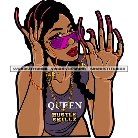 Melanin Woman Ghetto Street Girl Long Nails Tongue Out Glasses Gangster Flow Design Element Wearing Sunglass White Background SVG JPG PNG Vector Clipart Cricut Cutting Files