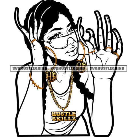 Melanin Woman Ghetto Street Girl Long Nails Tongue Out Glasses Gangster Flow Design Element Wearing Sunglass Black And White Color BW SVG JPG PNG Vector Clipart Cricut Cutting Files