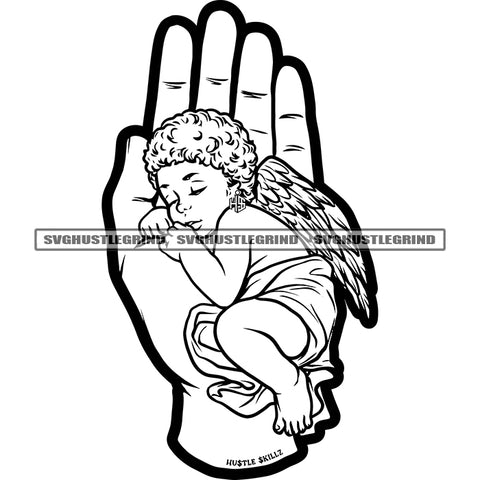 Baby Angle Sleeping On Head Design Element Little Angle With Wings Afro Hair White And Black Color BW Vector SVG JPG PNG Vector Clipart Cricut Cutting Files