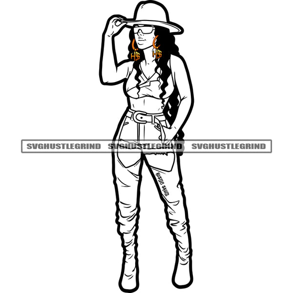 Melanin Woman Standing Design Element Holding Cap Curly Hair Woman Wearing Sunglass Vector Black And White Color BW SVG JPG PNG Vector Clipart Cricut Cutting Files