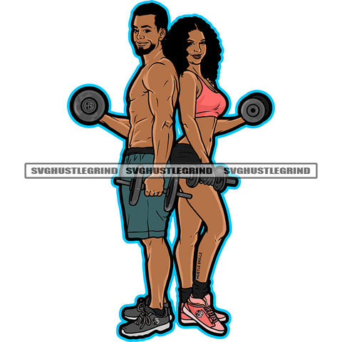 Afro Cute Fitness Couple Holding Dumbbell Color Design Element Bodybuilder Man Woman Afro Hair Style Vector White Background SVG JPG PNG Vector Clipart Cricut Cutting Files