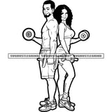 Afro Cute Fitness Couple Holding Dumbbell Color Design Element Bodybuilder Man Woman Afro Hair Style Vector Black And White Color BW SVG JPG PNG Vector Clipart Cricut Cutting Files