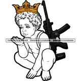 Afro Cute Boy Sitting Vector Angle Boy Holding Gun White Background Crown On Head Artwork SVG JPG PNG Vector Clipart Cricut Cutting Files