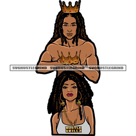 Afro Cute Couple Body Design Element Man Woman Wearing Crown On Head Afro Hair Bodybuilder Fitness Couple SVG JPG PNG Vector Clipart Cricut Cutting Files