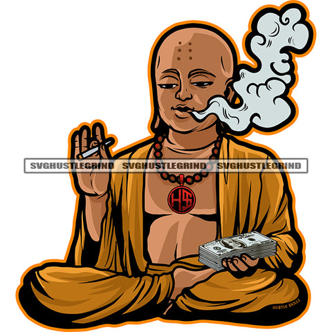 Buddha Smoking Weed And Holding Money Bundle Color Body Design Element White Background Smoke SVG JPG PNG Vector Clipart Cricut Cutting Files
