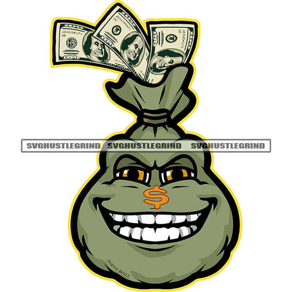 Money Bag With Bills Dollars Stock Vector Money Dripping White Background Money Bag Character Smile Face Gangster Cartoon SVG JPG PNG Vector Clipart Cricut Cutting Files