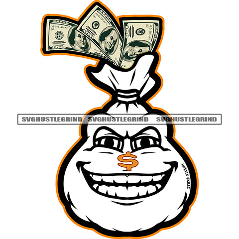 Money Bag With Bills Dollars Stock Vector Money Dripping Black And White Color BW Money Bag Character Smile Face Gangster Cartoon SVG JPG PNG Vector Clipart Cricut Cutting Files