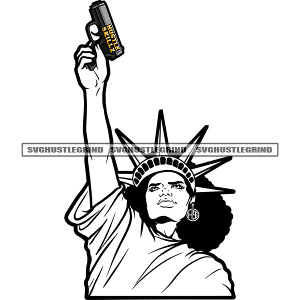 Black Woman Statue Liberty Design Element Crown On Head Vector Afro Woman Holding Gun Black And White Color BW Afro Hair SVG JPG PNG Vector Clipart Cricut Cutting Files