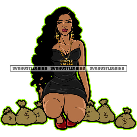 Melanin Woman Sitting Lot Of Money Bag On Floor Design Element Afro Woman Long Hair Color Body Vector White Background SVG JPG PNG Vector Clipart Cricut Cutting Files