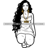 African Woman Sitting On Floor Afro Woman Long Hair Wearing Party Dress Black And White Color BW Melanin Woman Sexy Pose SVG JPG PNG Vector Clipart Cricut Cutting Files