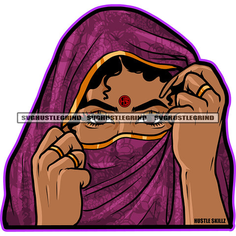 Beautiful Indian Woman Cover Face On His Dress Design Element Indian Wife Housewife Long Nail Vector SVG JPG PNG Vector Clipart Cricut Cutting Files