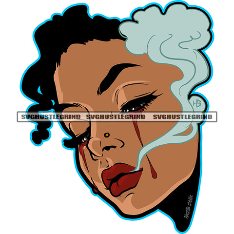 Melanin Woman Half Face Design Element Curly Hair Woman Smoking Blood Dripping On Eyes Vector SVG JPG PNG Vector Clipart Cricut Cutting Files