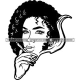 African Woman Smoking Vector Afro Hair Style Woman Long Nail Design Element Black And White Color BW Curly Hair SVG JPG PNG Vector Clipart Cricut Cutting Files