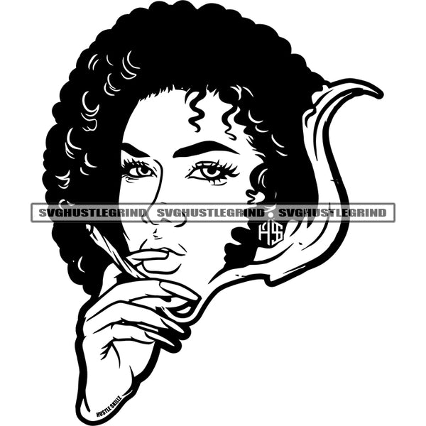 African Woman Smoking Vector Afro Hair Style Woman Long Nail Design Element Black And White Color BW Curly Hair SVG JPG PNG Vector Clipart Cricut Cutting Files