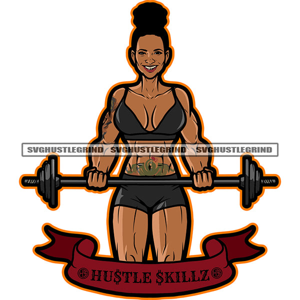 Melanin Bodybuilding Woman Female Muscle Flex Fitness Smile Face Fit Body Strong Design Logo Girl Gym Workout Train Health Weight Pose SVG PNG Vector Files