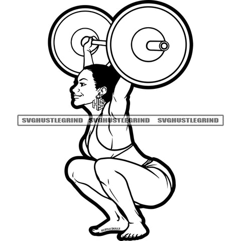 Afro Women's Weight Lifting Barbell Design Element Afro Women Sitting Wearing Bikini Vector Sexy Pose Black And White Color BW SVG JPG PNG Vector Clipart Cricut Cutting Files