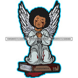 Melanin Angle Boy Sitting On Book Hard Praying Hand Position Vector Blood Dripping On Eye Design Element Angle Wings SVG JPG PNG Vector Clipart Cricut Cutting Files