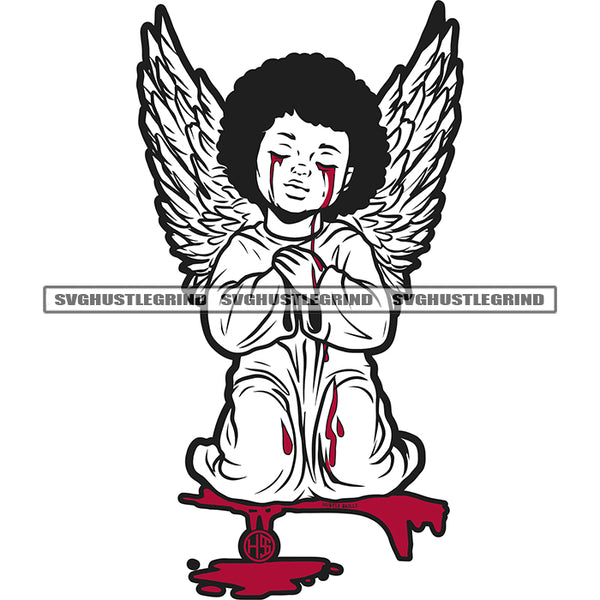 Afro Angle Boy Praying Design Element Hard Praying Hand Vector Blood Dripping Eye On Floor Young Angle Wings Black White Color BW  SVG JPG PNG Vector Clipart Cricut Cutting Files