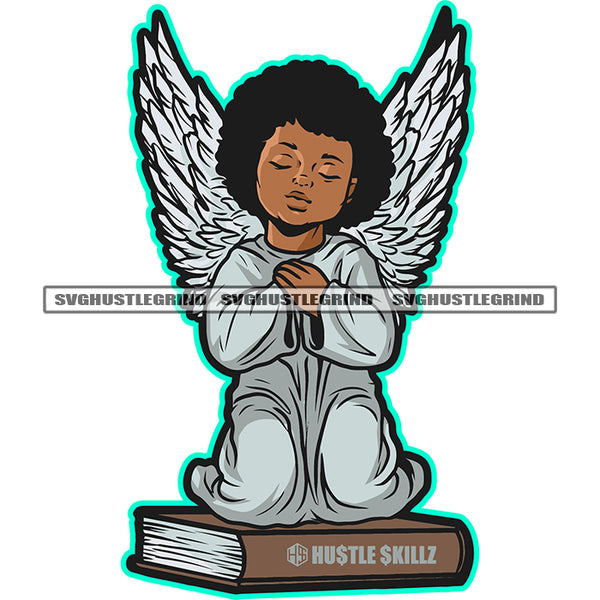 Afro Young Angle Sitting On Book Vector Angle Wings And Hand Hard Praying Design Element Close Eye Afro Hair SVG JPG PNG Vector Clipart Cricut Cutting Files