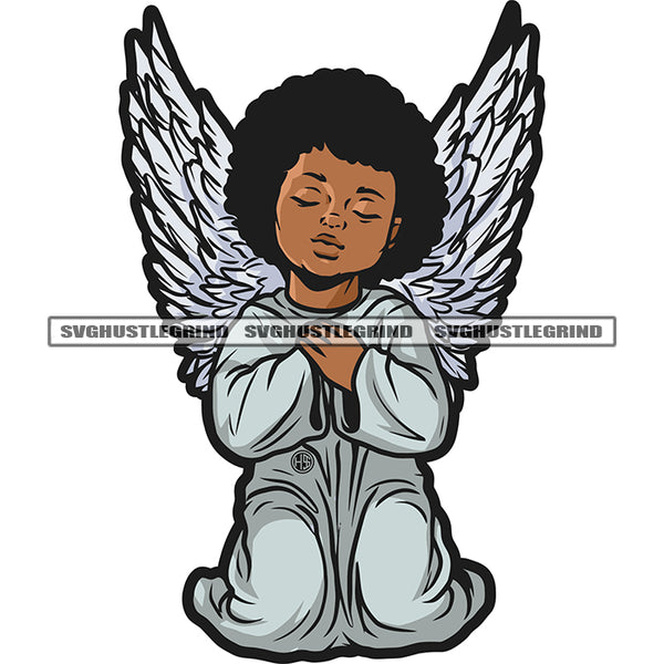 Afro Young Angle Sitting Floor Vector Angle Wings And Hand Hard Praying Design Element Close Eye Afro Hair SVG JPG PNG Vector Clipart Cricut Cutting Files