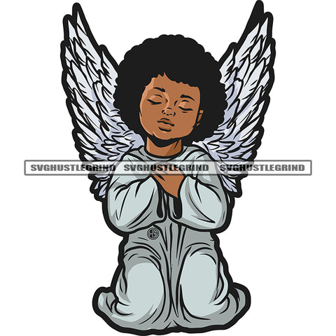 Afro Young Angle Sitting Floor Vector Angle Wings And Hand Hard Praying Design Element Close Eye Afro Hair SVG JPG PNG Vector Clipart Cricut Cutting Files