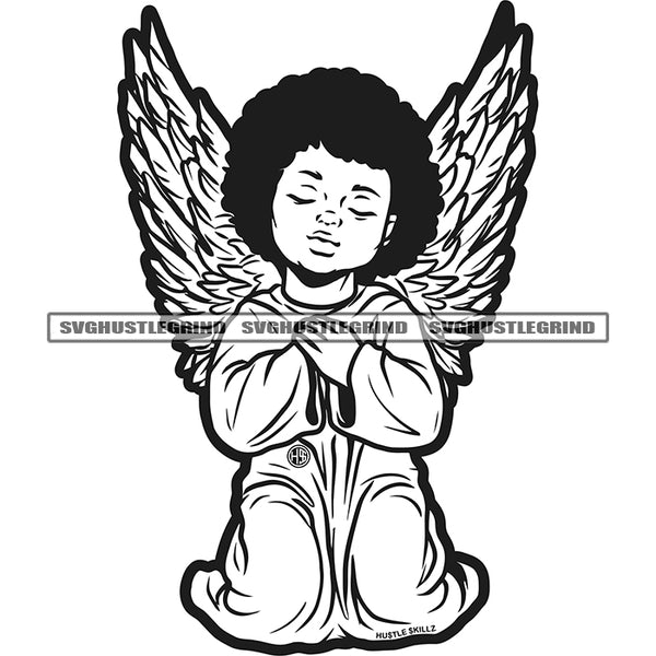 Afro Young Angle Sitting Floor Vector Angle Wings And Hand Hard Praying Design Element Black And White Color BW Close Eye Afro Hair SVG JPG PNG Vector Clipart Cricut Cutting Files