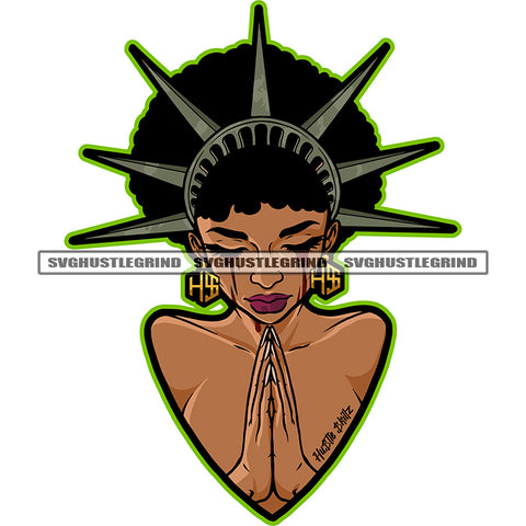 Statue Crown Melanin Woman Design Element Crown On Head Hard Praying Hand Afro Hair Blood Dripping Eye SVG JPG PNG Vector Clipart Cricut Cutting Files