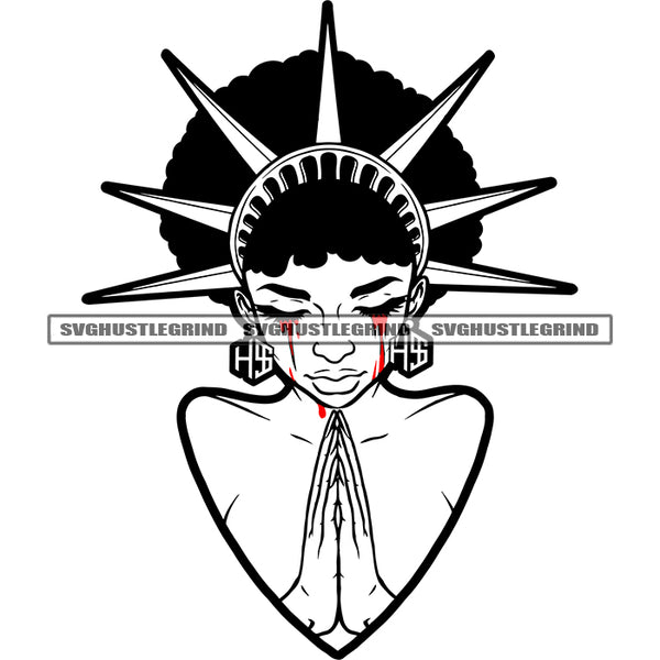 Statue Crown Melanin Woman Design Element Crown On Head Hard Praying Hand Black And White Color BW Afro Hair Blood Dripping Eye SVG JPG PNG Vector Clipart Cricut Cutting Files