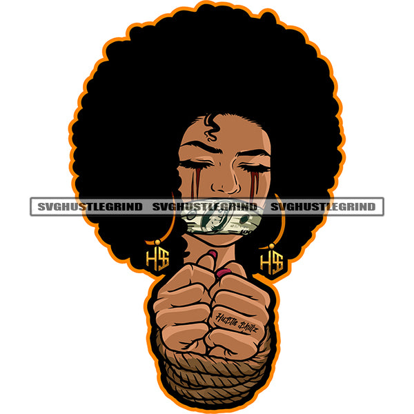 Melanin Woman Prisoner Facemask Money Print Franklin Afro Hairstyle Hostage Hand Tight On Rope Design Element Blood Dripping Eye Vector SVG JPG PNG Vector Clipart Cricut Cutting Files
