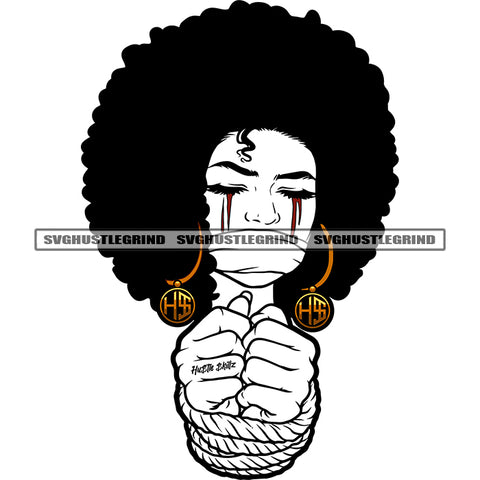 Melanin Woman Prisoner Facemask Money Print Franklin Afro Hairstyle Hostage Hand Tight On Rope Design Element Blood Dripping Eye Vector Black And White Color SVG JPG PNG Vector Clipart Cricut Cutting Files