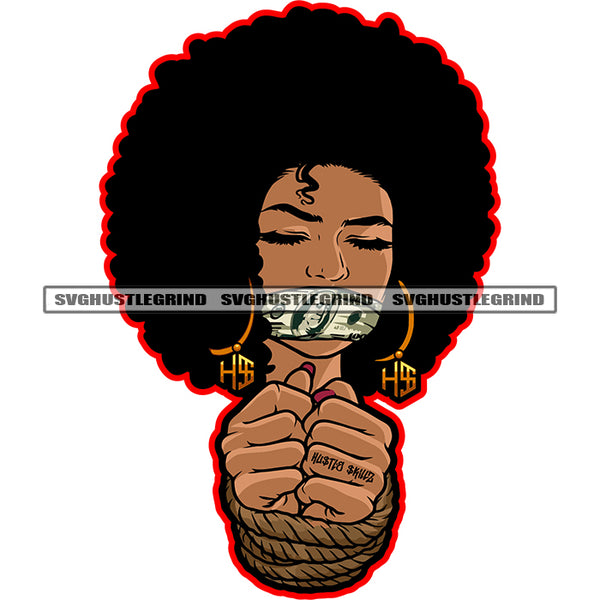 Melanin Woman Prisoner Facemask Money Print Franklin Afro Hairstyle Hostage Hand Tight On Rope Design Element Vector SVG JPG PNG Vector Clipart Cricut Cutting Files