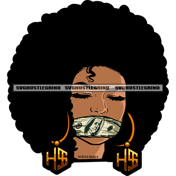 Melanin Woman Prisoner Facemask Money Print Franklin Afro Hairstyle Hostage Eyes Closed White Background SVG JPG PNG Vector Clipart Cricut Cutting Files