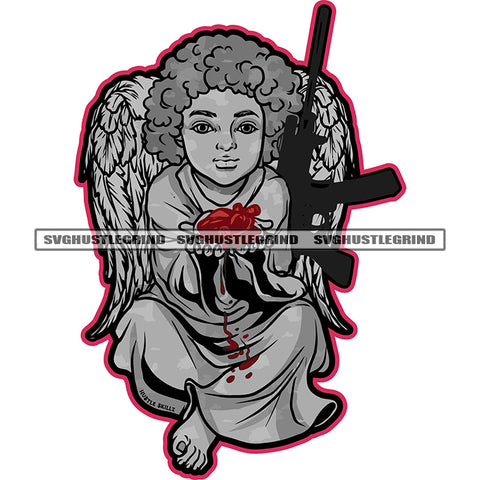 Young Angle Sitting Holding Heart Blood Dripping On Floor Vector Angle Wings And Gun Design Element Color Artwork SVG JPG PNG Vector Clipart Cricut Cutting Files