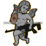 Young Angle Holding Gun And Money Bag Vector Angle Wings And White Background Afro Angle Curly Hair SVG JPG PNG Vector Clipart Cricut Cutting Files