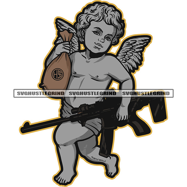 Young Angle Holding Gun And Money Bag Vector Angle Wings And White Background Afro Angle Curly Hair SVG JPG PNG Vector Clipart Cricut Cutting Files