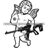 Young Angle Holding Gun And Money Bag Vector Angle Wings Black And White Color BW Afro Angle Curly Hair SVG JPG PNG Vector Clipart Cricut Cutting Files