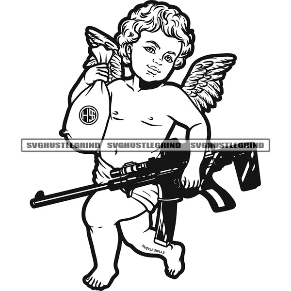 Young Angle Holding Gun And Money Bag Vector Angle Wings Black And White Color BW Afro Angle Curly Hair SVG JPG PNG Vector Clipart Cricut Cutting Files