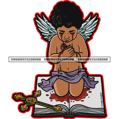 Baby Angle Sitting On Book And Cross floor Vector Blood Dripping Angle Wings Color Design Element White Background SVG JPG PNG Vector Clipart Cricut Cutting Files