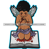 Afro Young Angle Sitting On Book Vector Blood Dripping On Floor Hard Praying hand Design Element Angle Wings White Background SVG JPG PNG Vector Clipart Cricut Cutting Files