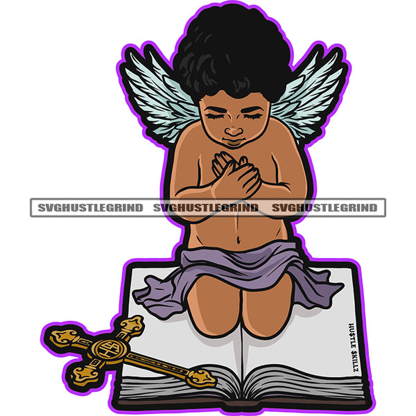 Afro Young Hard Praying Angle Sitting On Book Cross Vector Angle Wings Color White Background Design Element SVG JPG PNG Vector Clipart Cricut Cutting Files